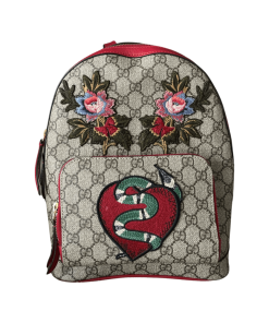 Gucci CC Supreme Monogram Web Kingsnake Heart Embroidered Backpack Small Red